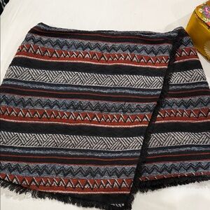 Aztec Stripe Wrap Skirt with Fringe - Black, Rust, Gray, Blue